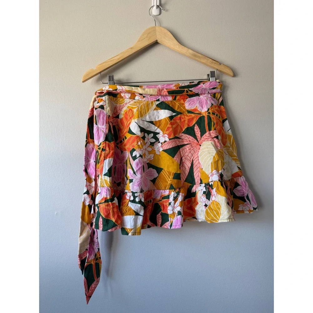 Aerie Wrap Mini Skirt Medium Orange Pink Tropical Floral Ruffle‎ Hem Tie Waist